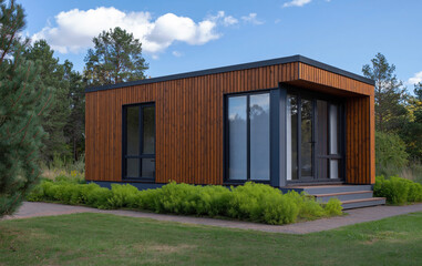 Fototapeta premium Modern modular wooden cabin house with large glass windows nestled in green forest field under blue sky