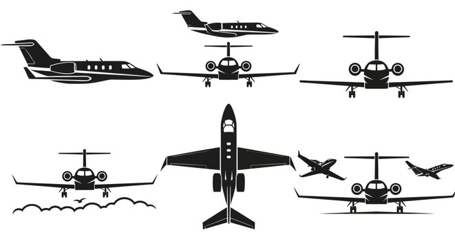 Set of Private Jet Icons: Top View, Front View, Side View, and Flying
