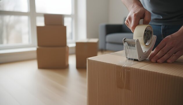 Close up of man taping moving boxes shut in bright living room for house relocation and new home concept with shallow depth of field