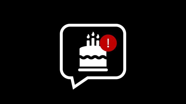 Animated birthday notification icon with floating effect, cake with candles inside chat bubble, alert symbol, celebration happy birthday concept, modern flat design for greeting and message