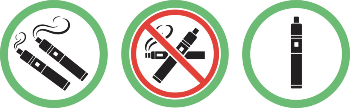 Black silhouette vector icons of electronic cigarettes with vaping activity, prohibition symbol, and device representation in circular green borders