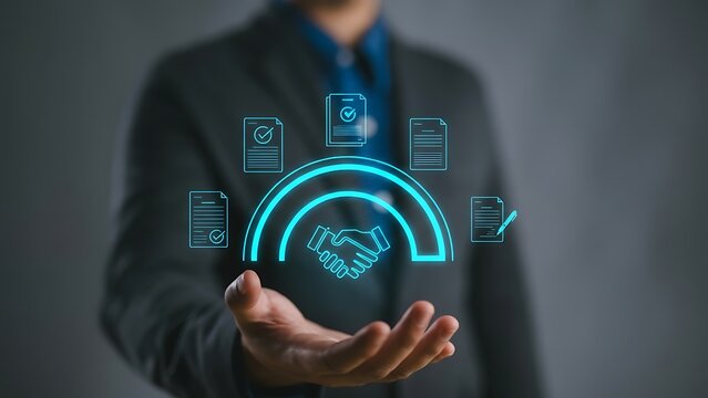 Businessman manage digital procurement process with business contract, invoice, approval documents, representing B2B sourcing, vendor management, supply chain.3D Rending