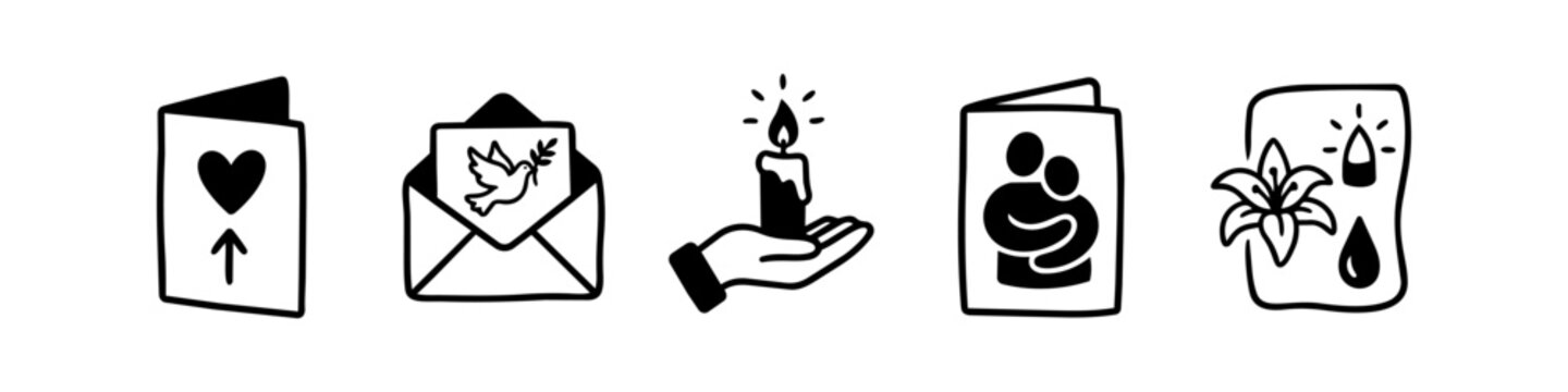 Set of hand-drawn sympathy and condolence icons including a dove, candle, lily, and embracing figures. Minimalist black and white doodle style for memorial and funeral designs.