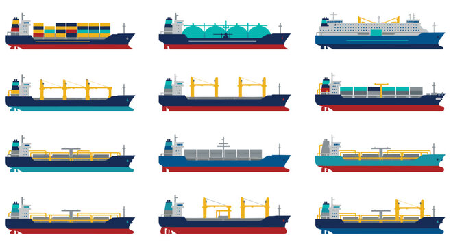 Cargo ship set featuring various types of marine vessels including container carriers gas tankers and bulkers. Professional marine transport fleet isolated on white for logistics design themes.