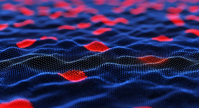 Abstract blue wavy digital surface with red glowing particles representing data and technology abstract background technology particle connection cyberspace information internet communication