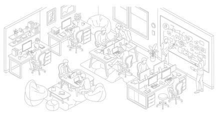 Fototapeta premium Isometric illustration of a modern co-working office space with multiple workstations, meeting areas, and a brainstorming board.