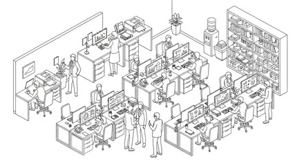Obraz premium Isometric illustration of a busy open-plan office with multiple workstations, employees, and office equipment, depicting a collaborative work environment.