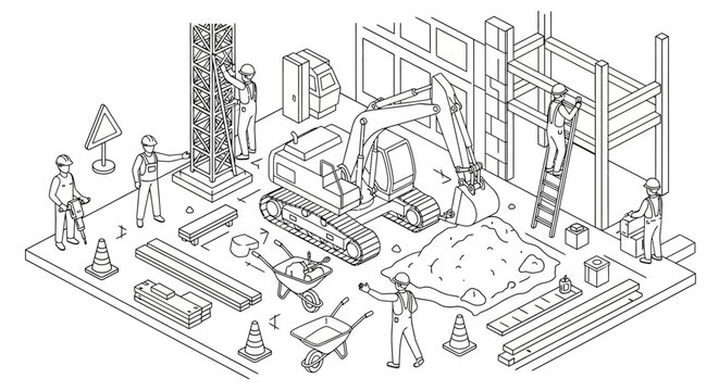 Isometric illustration of a construction site with workers, heavy machinery, building materials, and safety equipment, showcasing the process of building a structure.