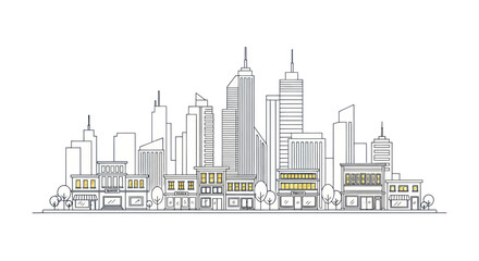 Obraz premium Modern City Skyline Outline with Urban Buildings and Shops Illustration