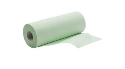 Obraz premium A roll of light pale green paper towels or cleaning wipes on a plain white background surface