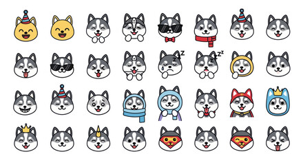 Collection of cute husky dog emoticons with various expressions © Godo