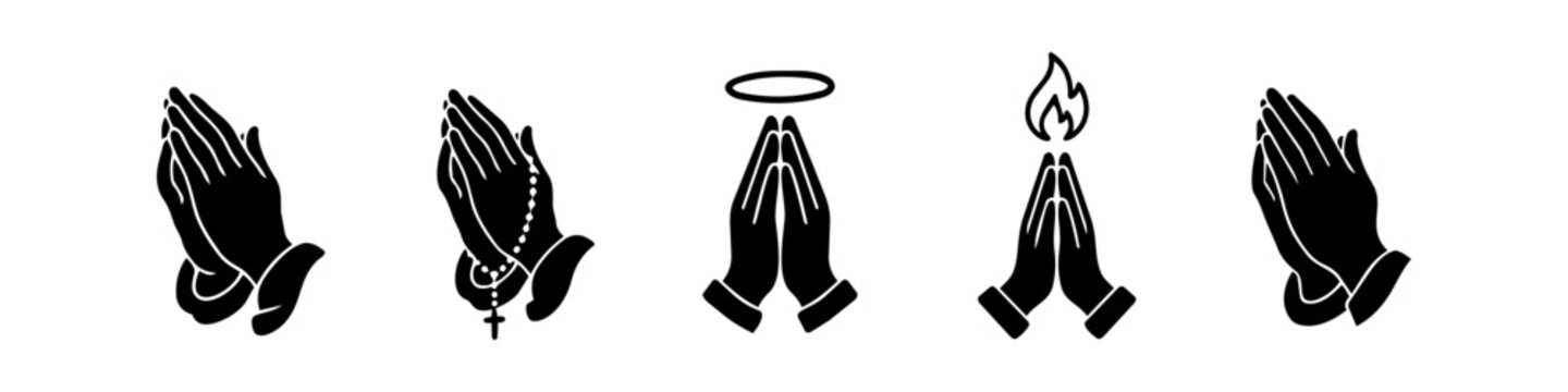 Set of black praying hands icons on a white background, featuring variations with a rosary, halo, and flame. Ideal for religious, spiritual, and faith-themed designs and projects.