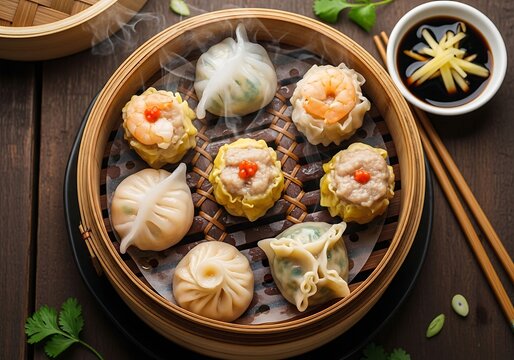 Delicious steamed dumplings in a bamboo steamer with soy sauce