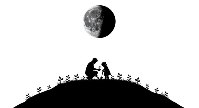Father and daughter planting a sapling under the moon.