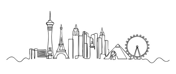 Obraz premium Architectural skyline minimalist one-line art with the iconic landmarks of the las Vegas strip