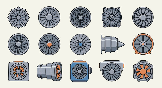 Various fan and turbine designs, industrial machine parts, mechanical components