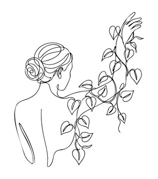 A woman intertwined with elegant leafy vines, minimalist line art illustration