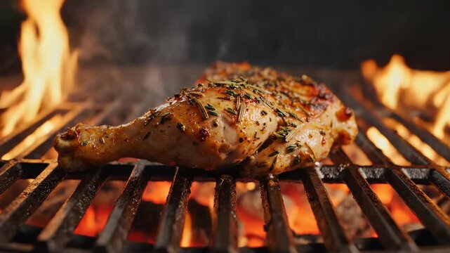 Seasoned chicken drumstick grilling over open flames on a barbecue with smoke.