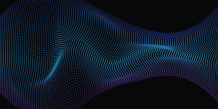 Neon sound wave on black background. Abstract flowing wavy dot lines design for ai concept, eq equalizer, audio record, voice assistant. Vector blue green purple gradient dashed curve stripe wallpaper