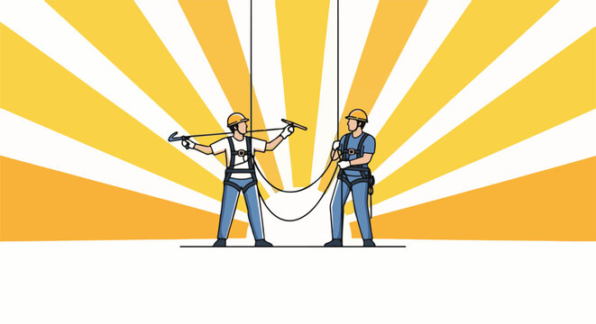 Two workers in safety harnesses holding ropes and equipment on a sunburst background