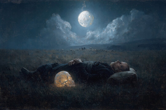 Philosopher Lying in Moonlit Field Beside Glowing Skull, Romantic Era Oil Painting Style