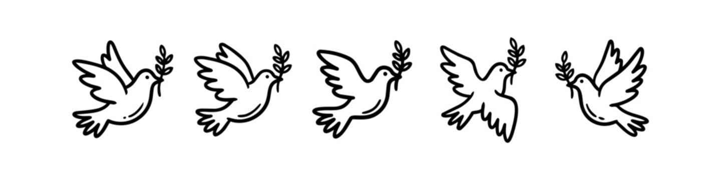 Set of minimalist black and white line art dove icons with olive branches. Symbolic illustrations representing peace, hope, and spirituality in a doodle-style vector format.