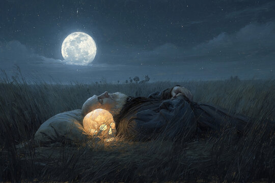 Philosopher Reclining in Moonlit Field Using Glowing Skull as Pillow, Dark Fantasy Oil Painting