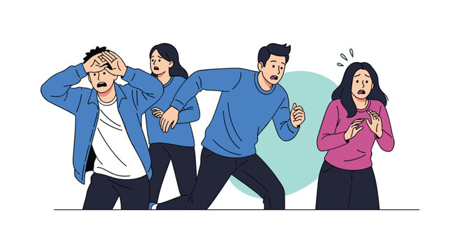 Group of terrified men and women running away together in fear with anxious expressions during a dangerous emergency or panic event.