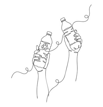 Continuous line drawing of hands raising plastic bottles with the universal recycle symbol