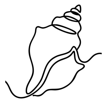 Continuous one line drawing of a spiral seashell resting on the sand