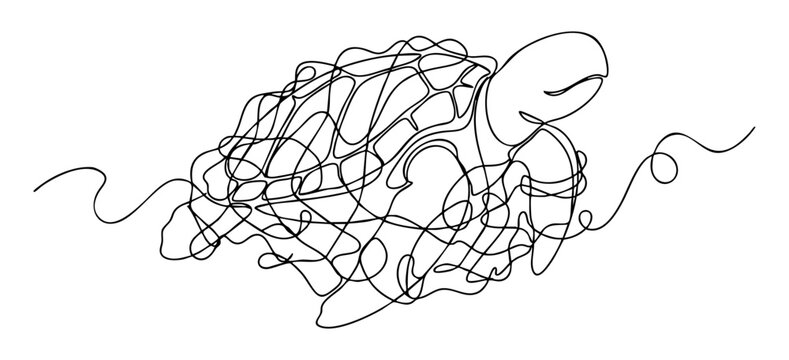 Continuous one line drawing of a sea turtle ensnared in ghost net floating through the open ocean