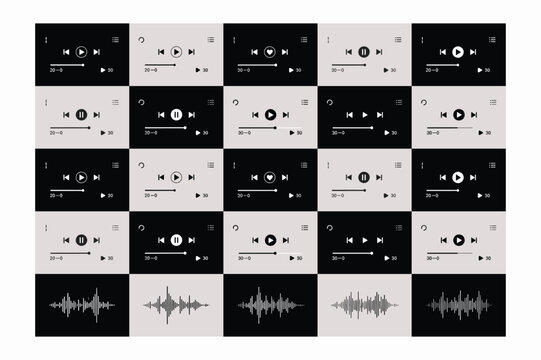 Modern music player interface UI designs with play pause skip and waveform elements