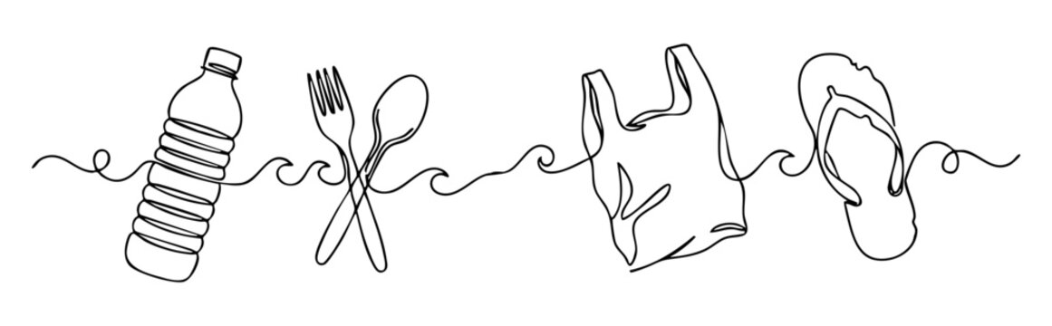 Continuous one line drawing of plastic ocean pollution with bottle, cutlery, bag and sandal