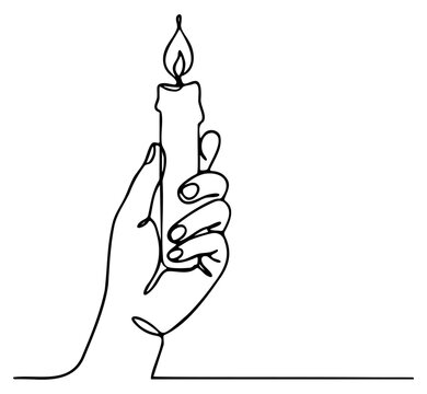 Continuous one line drawing of hand holding a lit candle to symbolize light and hope
