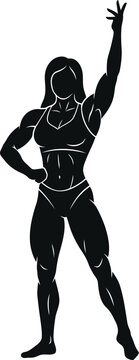 Female Bodybuilder Silhouette Posing with Arm Raised for Fitness Competition Branding Bodybuilding Achievement and Strength Training Design.