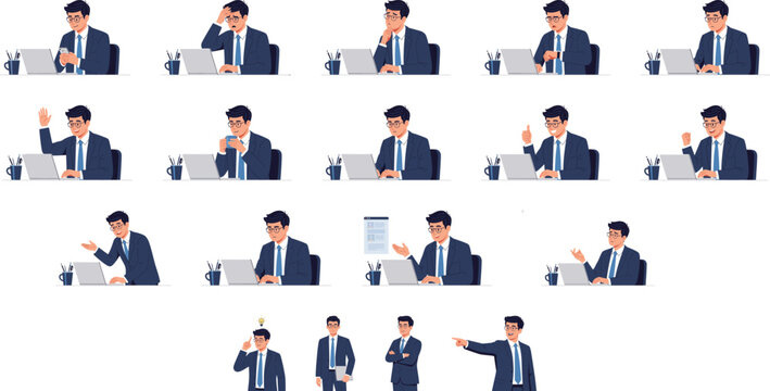 Businessman with glasses working at desk with laptop in multiple emotional states