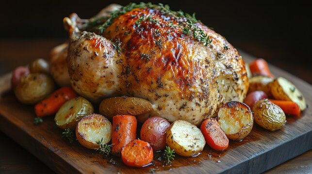 Roasted chicken with vegetables on a wooden board