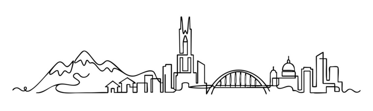 Hawaii&rsquo;s volcanic peaks continuous one-line illustration with modern urban architecture