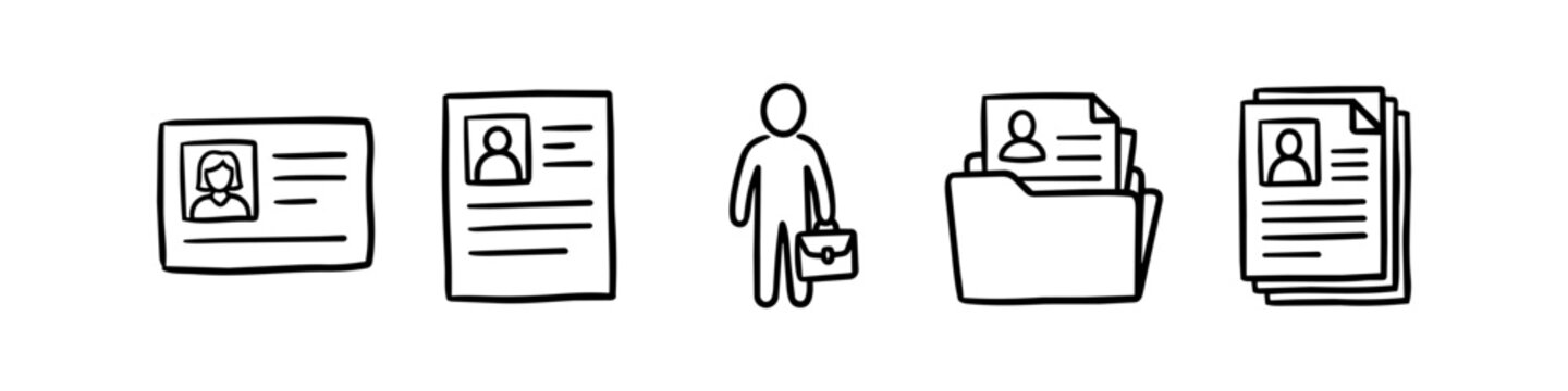 Hand-drawn doodle icon set for recruitment and job seeking, featuring resumes, ID cards, briefcase, and document folders. Minimalist black line art for professional and HR concepts.