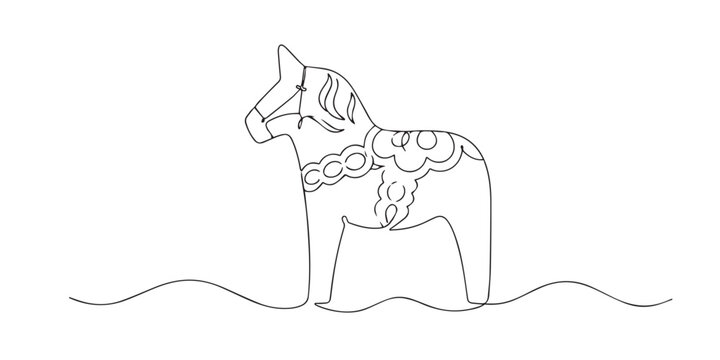 One line drawing of Dala horse. Continuous line of Swedish folk wooden toy. Cultural heritage concept. Modern minimalist style. single line art vector illustration.
