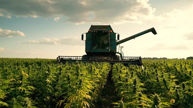 Harvester in hemp field under sunny sky.