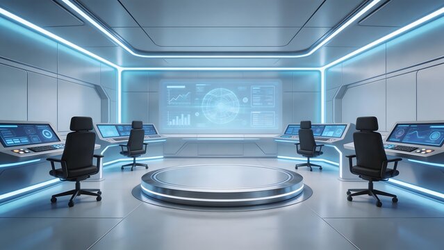Futuristic control room with chairs and screens