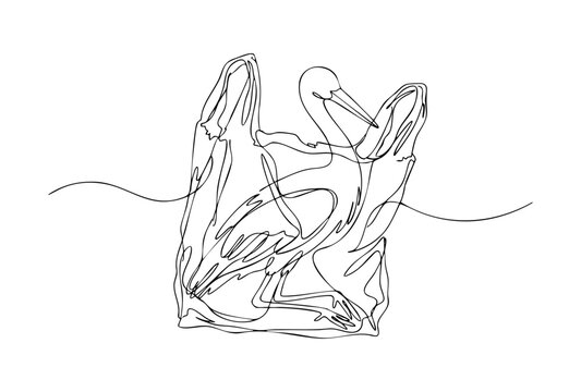 Minimalist one line drawing of a heron trapped inside a plastic bag, highlighting pollution and wildlife preservation concept