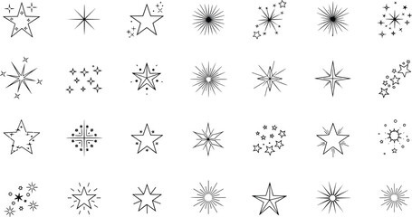 Sparkling star icons set with various hand drawn celestial shapes for magic decoration and design © Mofajjol