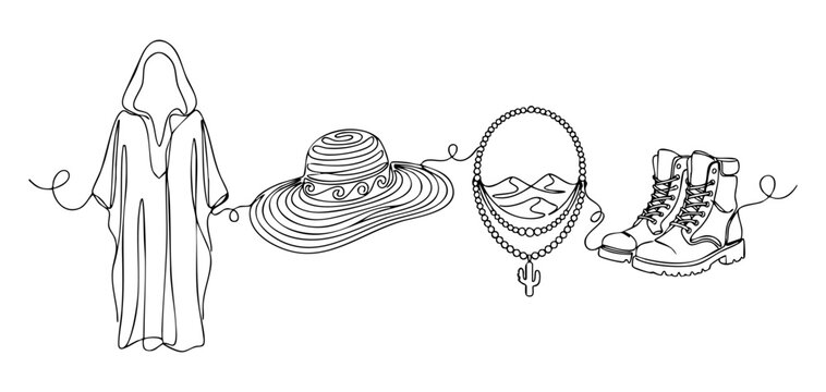 Minimalist one line drawing of desert travel essentials with kaftan, sun hat, decorative necklace and boot