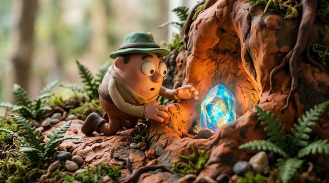 Clay character discovering glowing crystal inside a forest cave