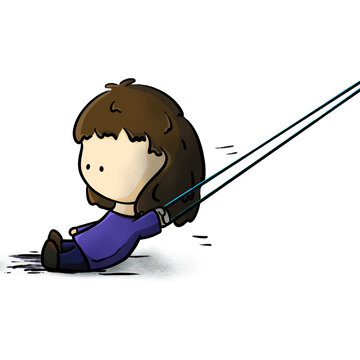An expressionless girl is dragged away by rope cartoon illustration