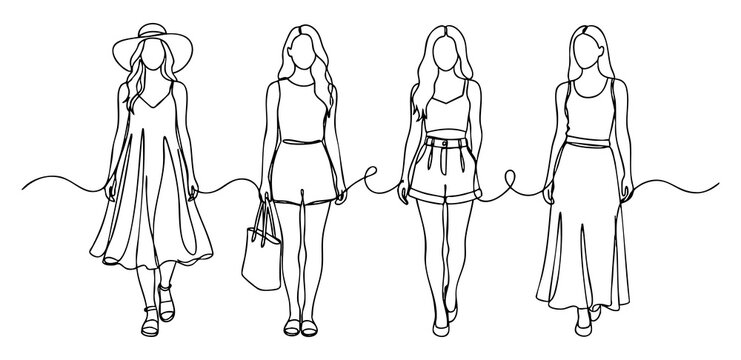 Minimalist one line drawing of four fashionable women in various styles of summer outfits
