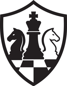 Chess Club Shield Logo Icon with King and Knights on Checkered Pattern Vector Illustration