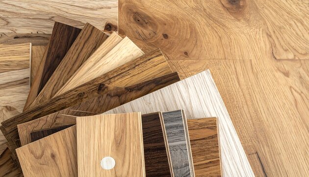 Wooden floor samples arranged in a fan on a wooden floor, overhead shot